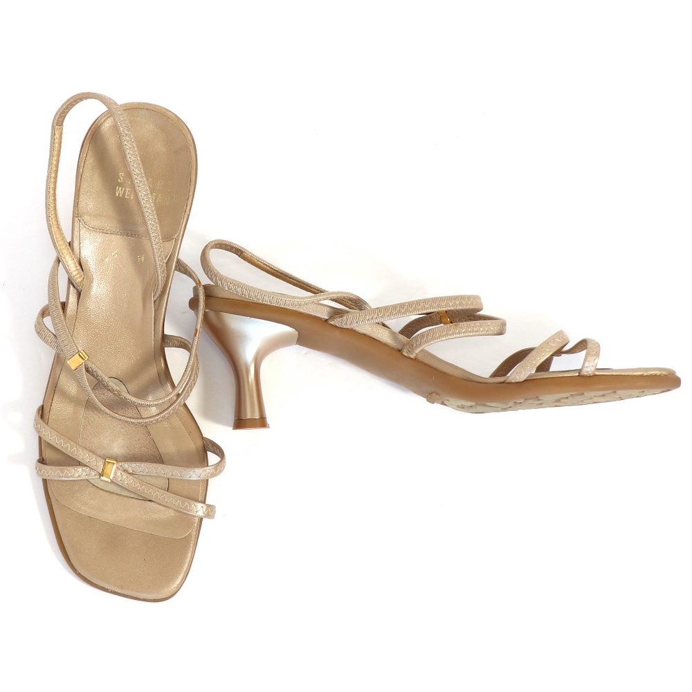Mid-heel square toe gold sandals w/elastic straps